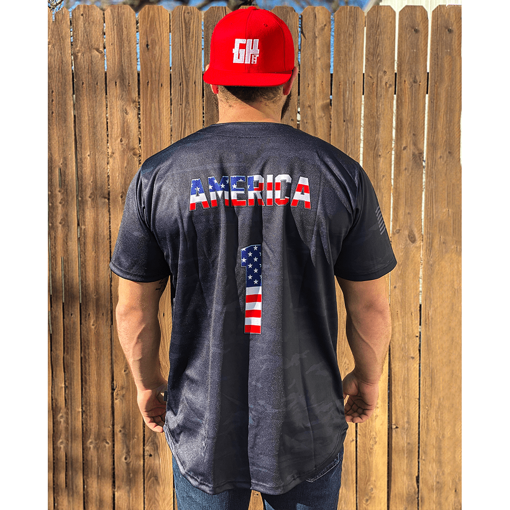 Thumbnail for America #1 Black Camo Baseball Jersey - Greater Half